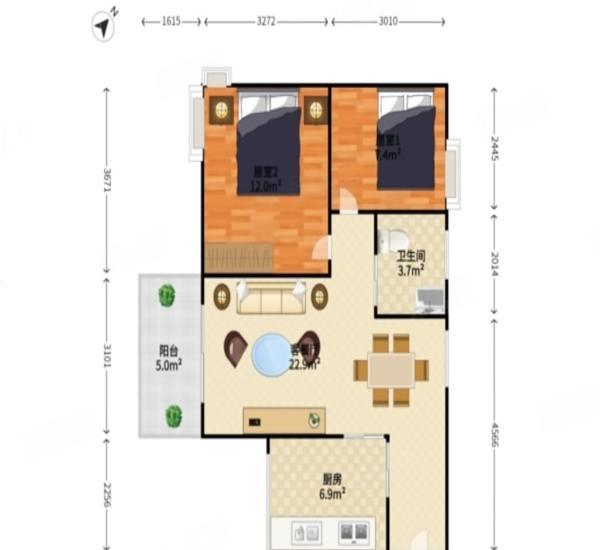 顺景蔷薇山庄小区2室2厅1卫户型图8