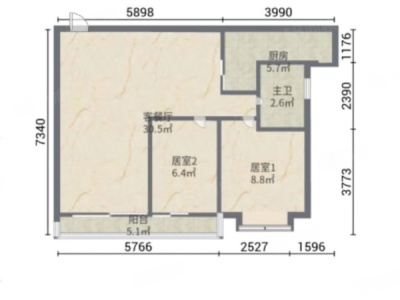 西海明珠花园小区2室2厅1卫户型图2