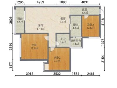 樵山美地花园小区3室2厅1卫户型图1