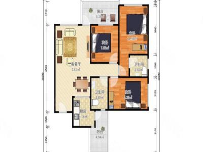 佳兆业中央广场一期小区3室2厅2卫户型图1