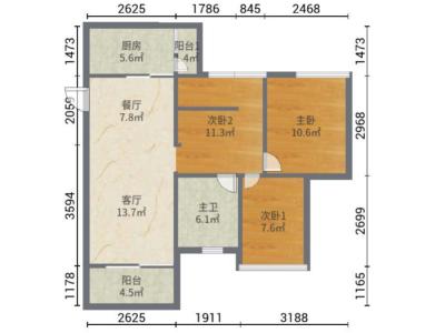 优悦城小区3室2厅1卫户型图1