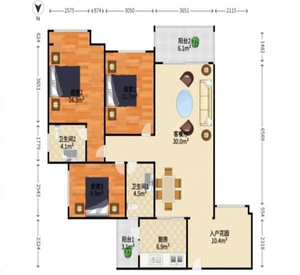 中海锦城小区3室2厅2卫户型图14