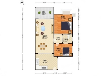 东城上邸小区2室2厅1卫户型图2