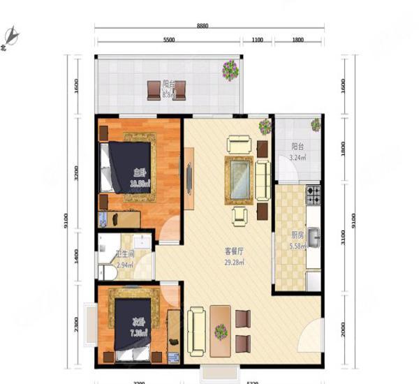 汇星豪庭小区2室2厅1卫户型图6