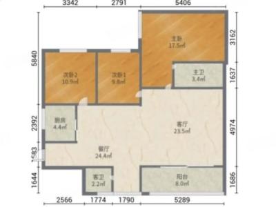 国兆嘉湖苑小区3室2厅2卫户型图2