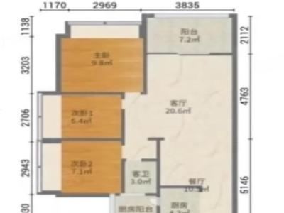 隆生皇冠花园小区3室1厅1卫户型图3