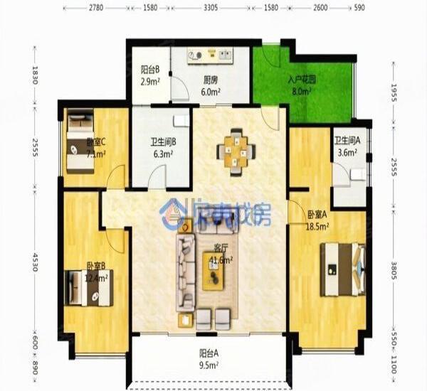 南湾国际小区3室2厅2卫户型图3