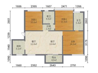 半江花园小区3室2厅2卫户型图2