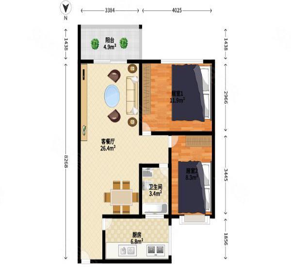 顺景蔷薇山庄小区2室2厅1卫户型图4