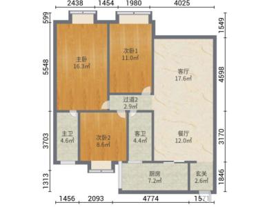 鸿日居小区3室2厅2卫户型图1