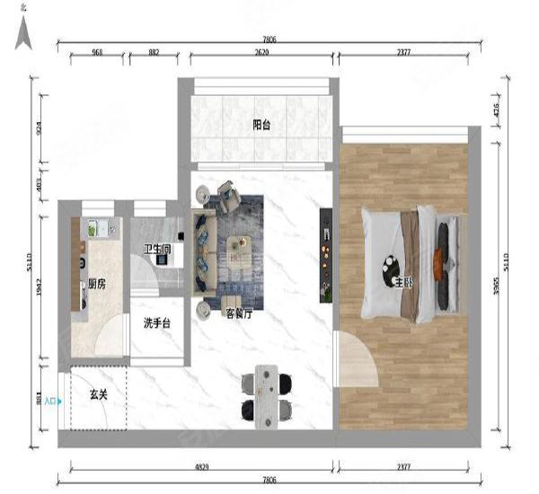 皇庭世纪小区1室2厅1卫户型图2