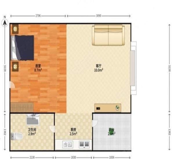 蓝钻双子座楼小区1室1厅1卫户型图8