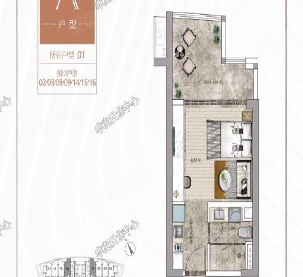 华发中央公园小区1室1厅1卫户型图4
