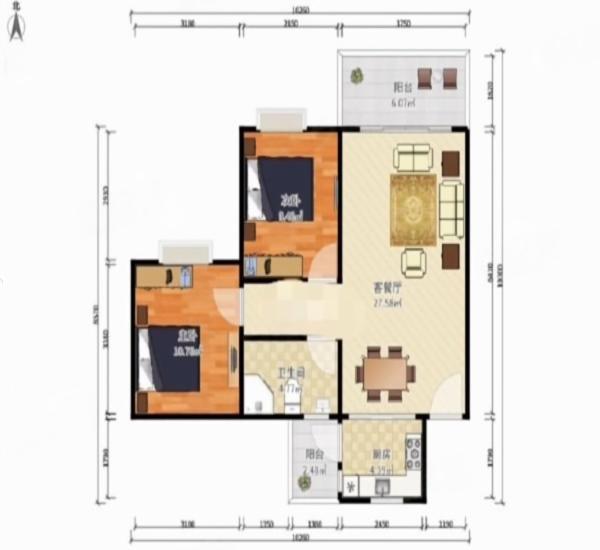 城市花园莲兴阁小区2室2厅2卫户型图2