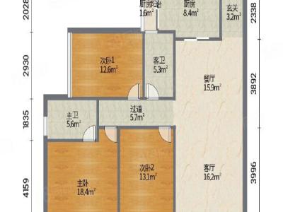 富山居花园小区3室2厅1卫户型图1